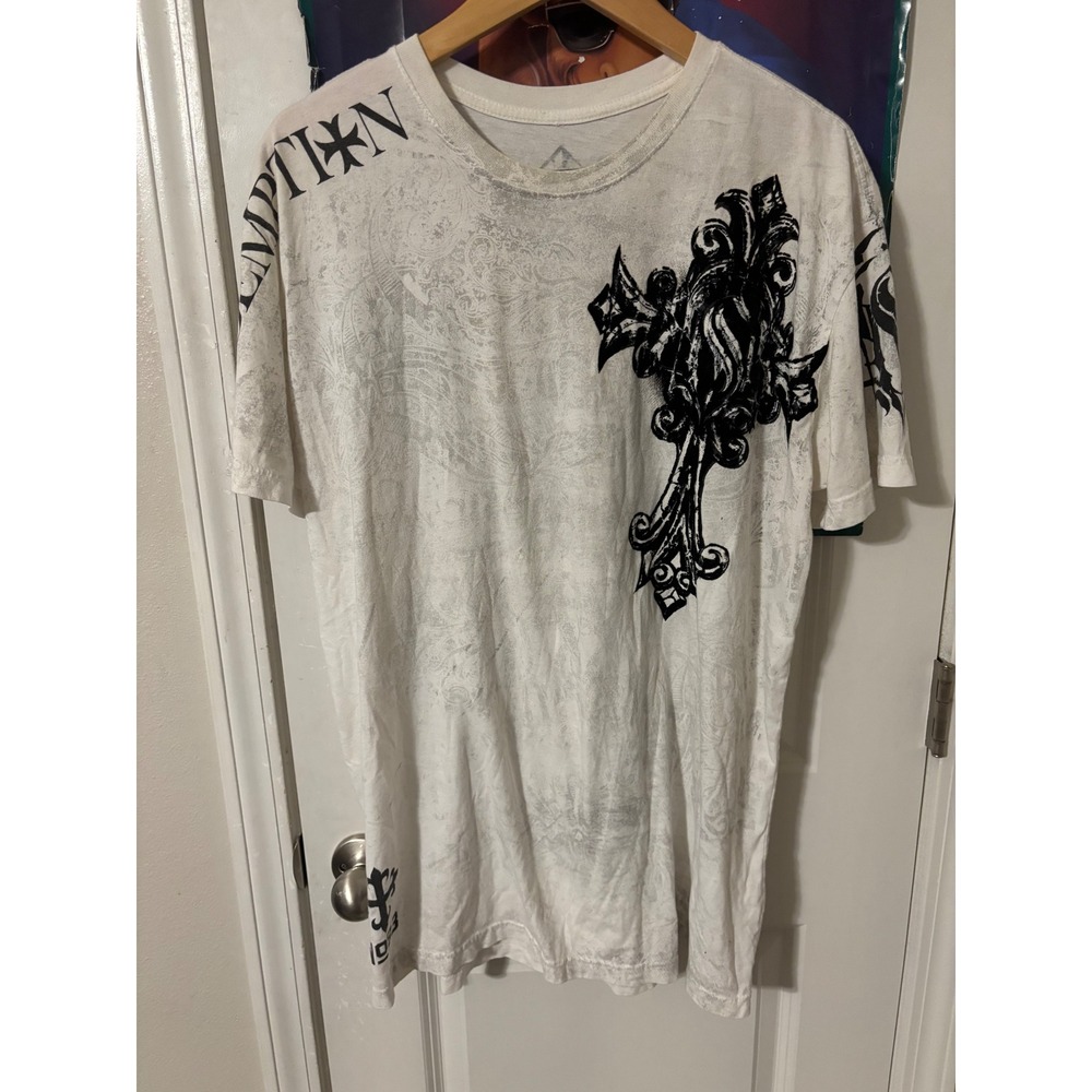 Raw State Premium Mens Graphic T-Shirt XL White Gothic Cross Wing Y2K MMA Style